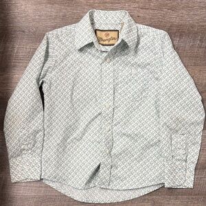 Wrangler Kids White and Green Patterned Button Down Shirt
